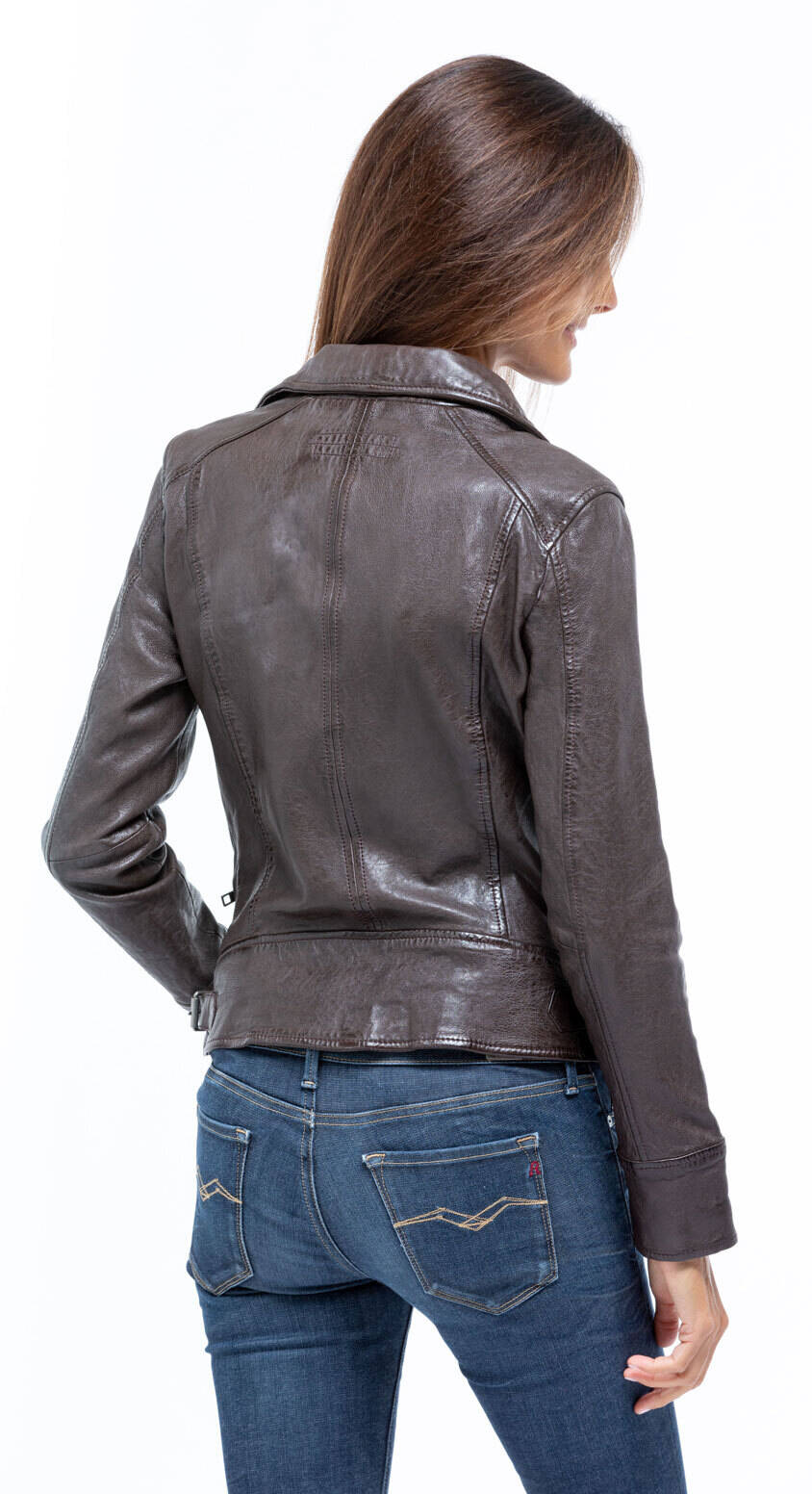 Blouson cuir femme oakwood 62065 agneau choco style perfecto mannequin (5)