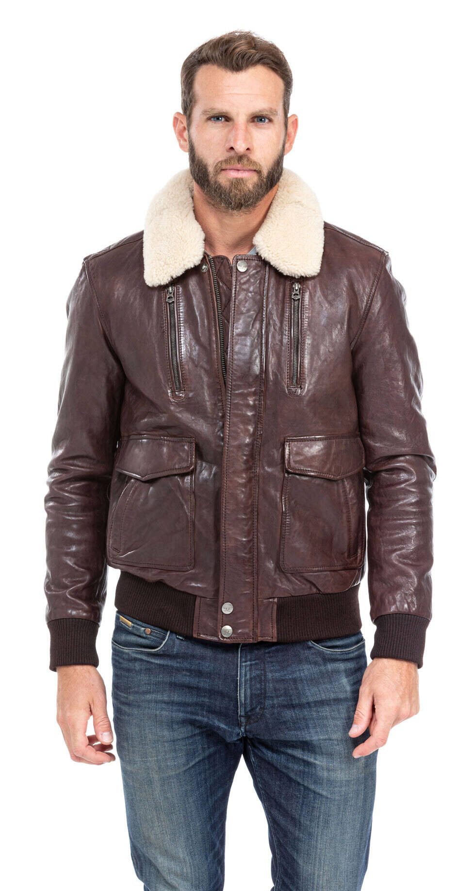 blouson cuir homme agneau marron fonce pilote 100756 col fourrure (1)