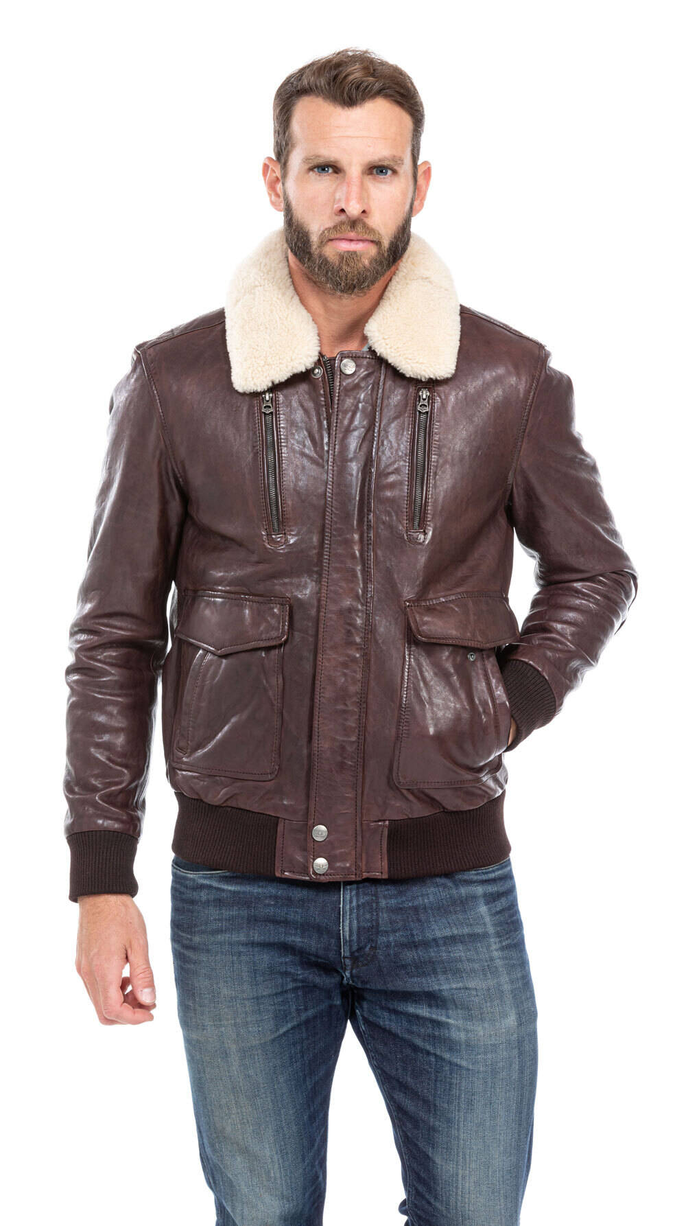 Brown leather jacket man style aviator 100756