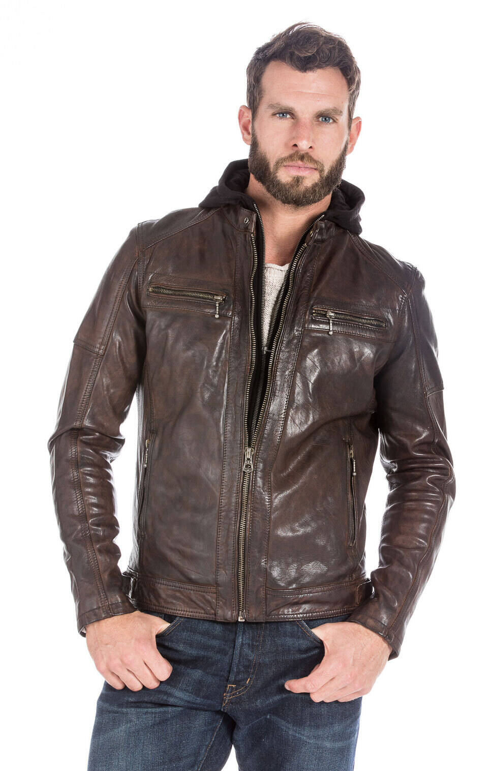 Blouson cuir homme esprit motard tendance 101126-COGNAC-14416