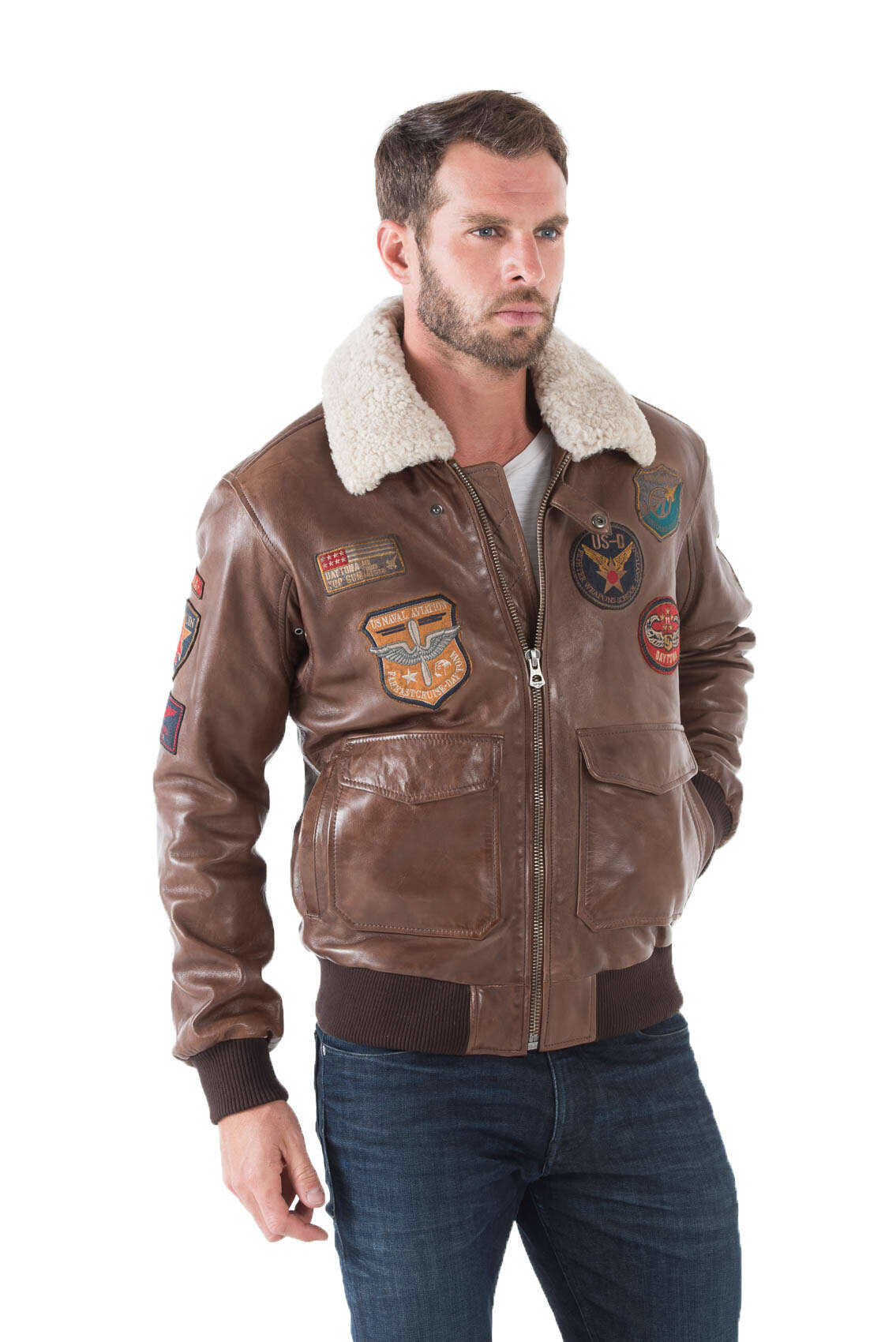 Blouson cuir homme marron MYTHIC 001577 esprit pilote aviateur col fourrure ecussons mode pose