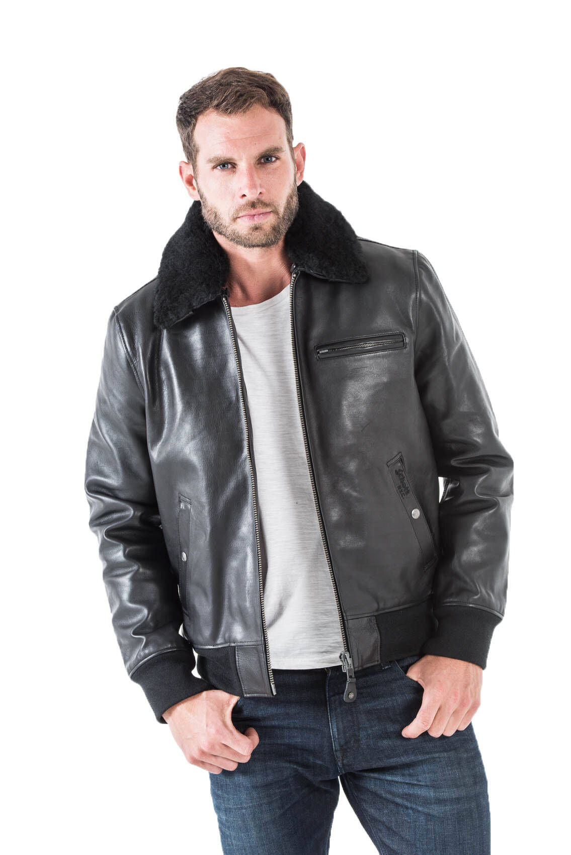 Blouson cuir homme noir schott  LC1380 style pilote aviateur col fourrure porté