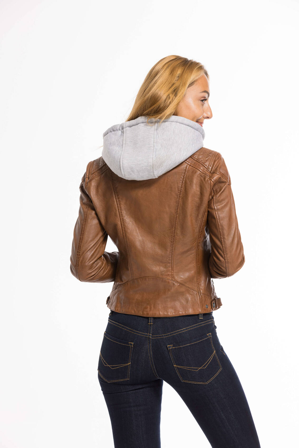 Women s cognac gipsy hooded leather jacket 14566