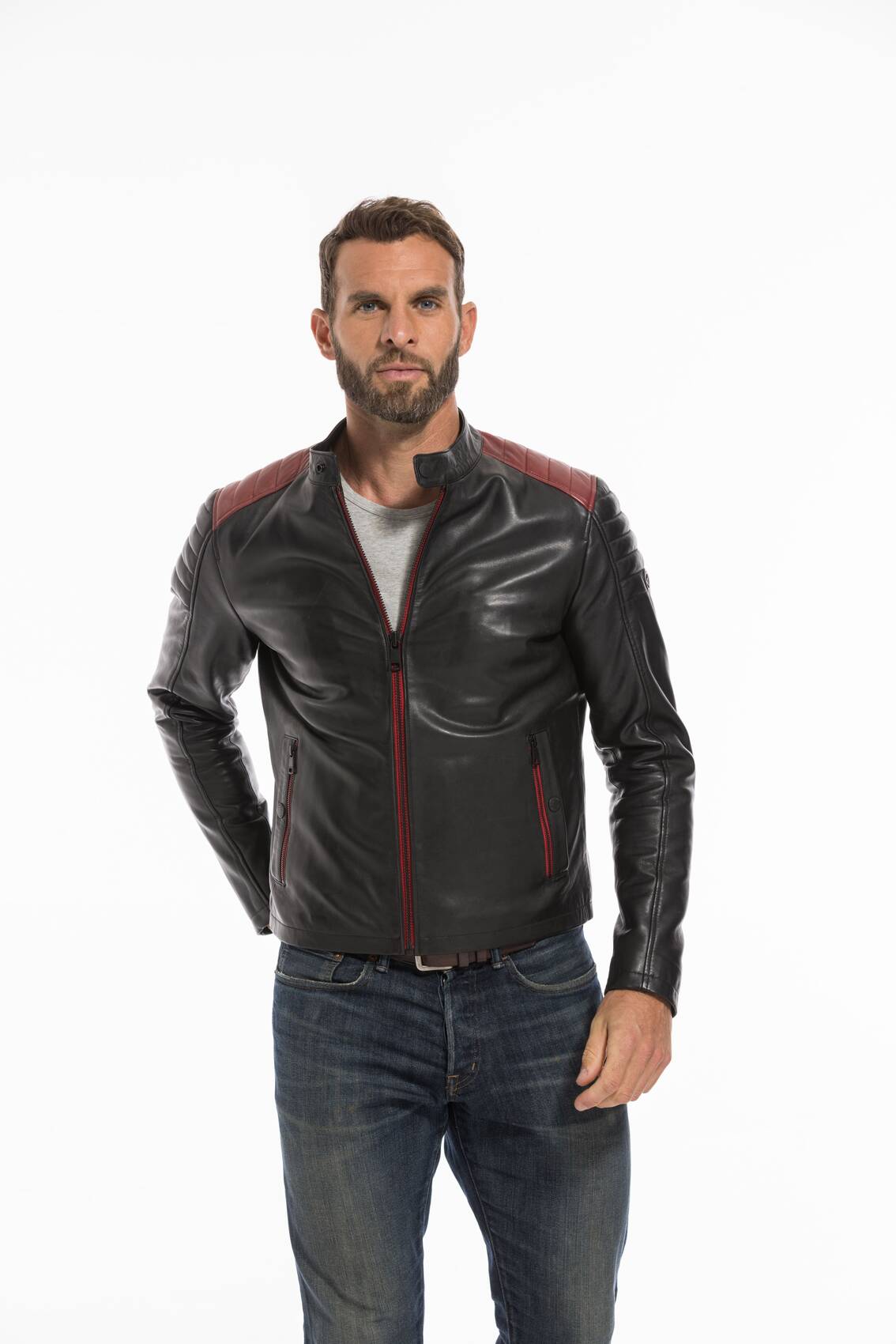 Black and red leather jacket mens sales