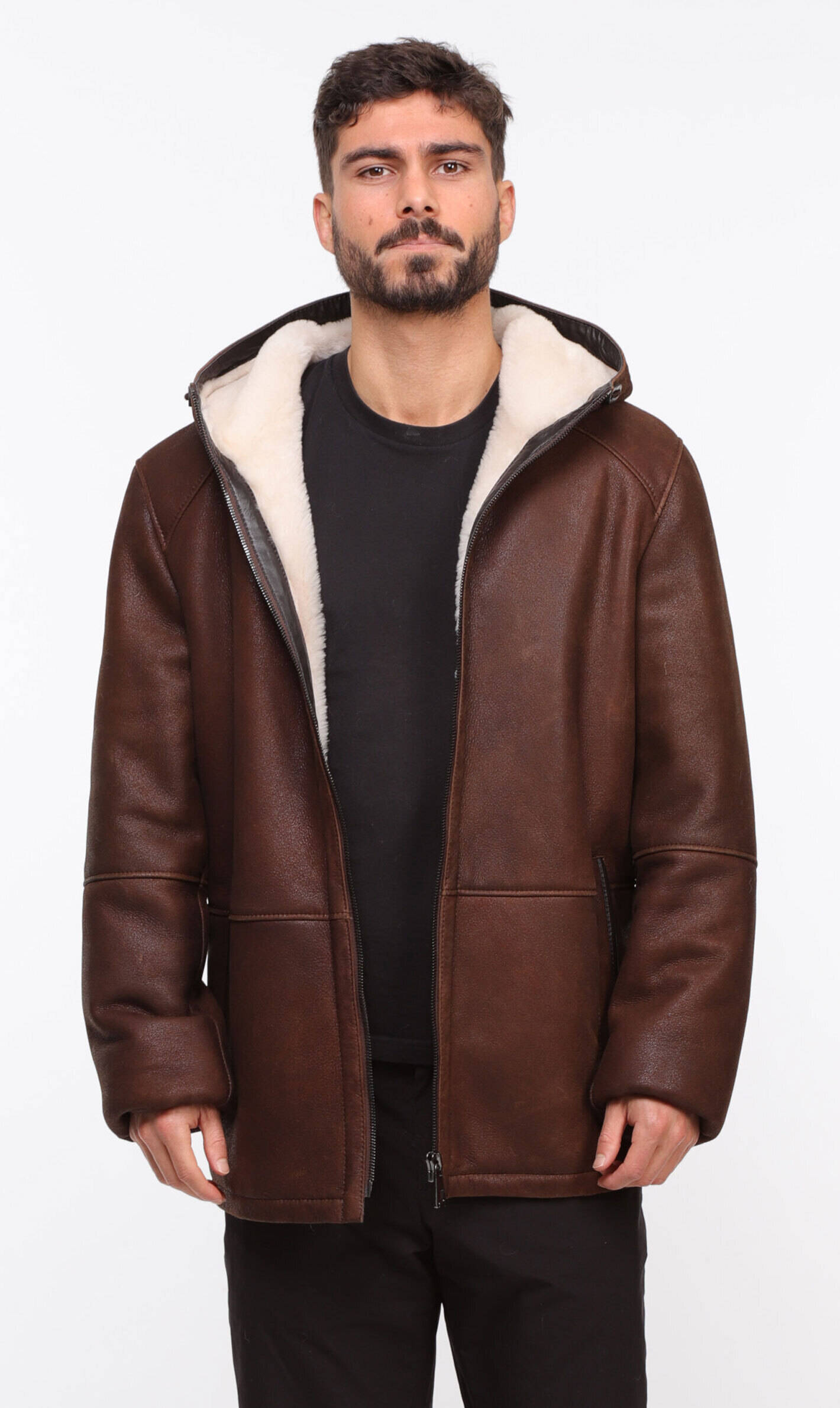 Mens shearling jacket with hood deals