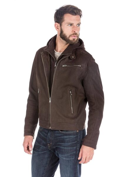Blouson cuir homme timber marron foncé à capuche 100663-14119