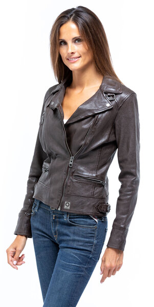 Blouson cuir femme oakwood 62065 agneau choco style perfecto mannequin (3)