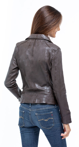 Blouson cuir femme oakwood 62065 agneau choco style perfecto mannequin (5)