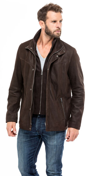 Veste cuir homme aspect nubuck 100965 bis marron demi longueur mannequin (6)