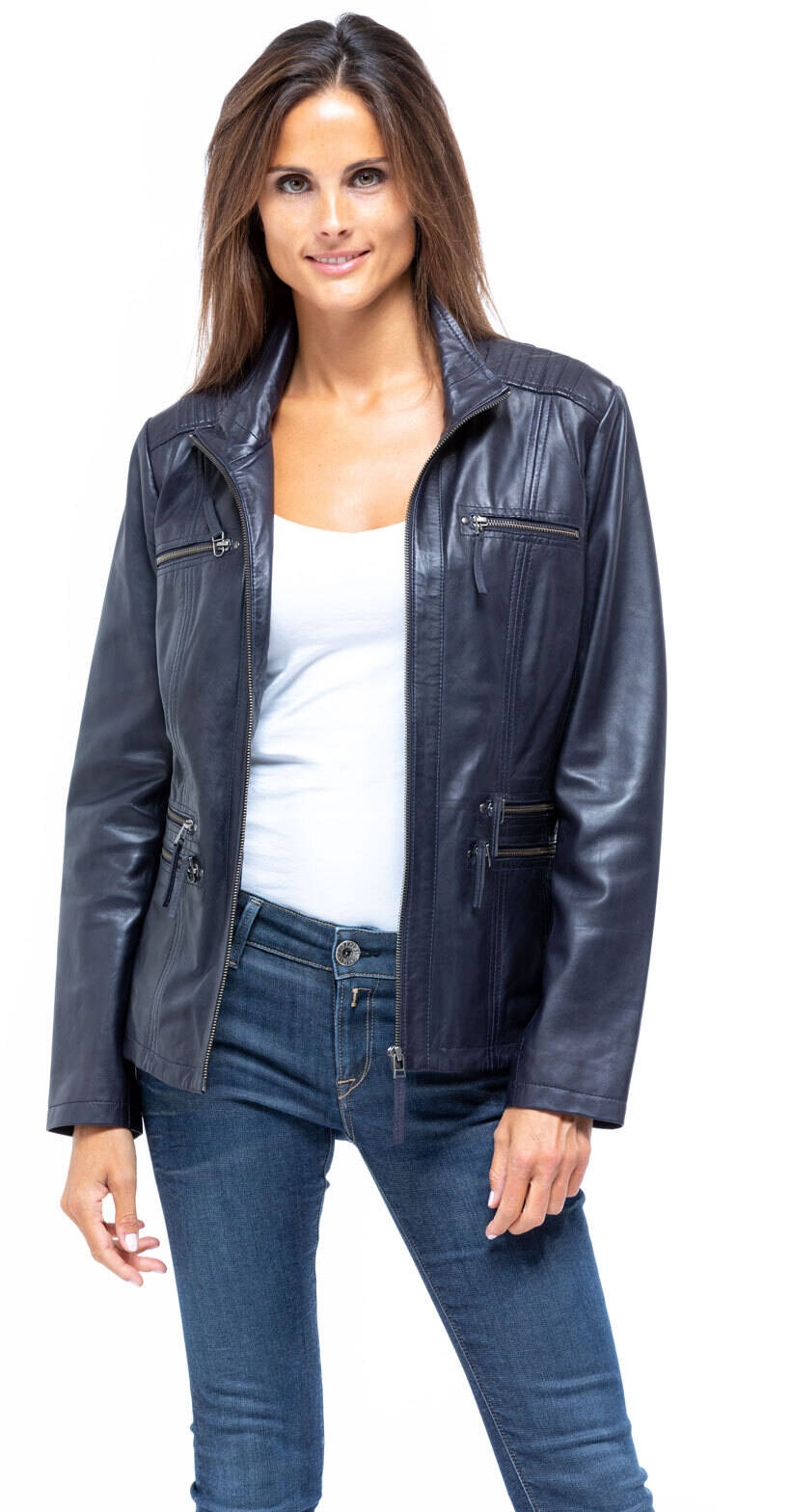 Navy leather jacket teija