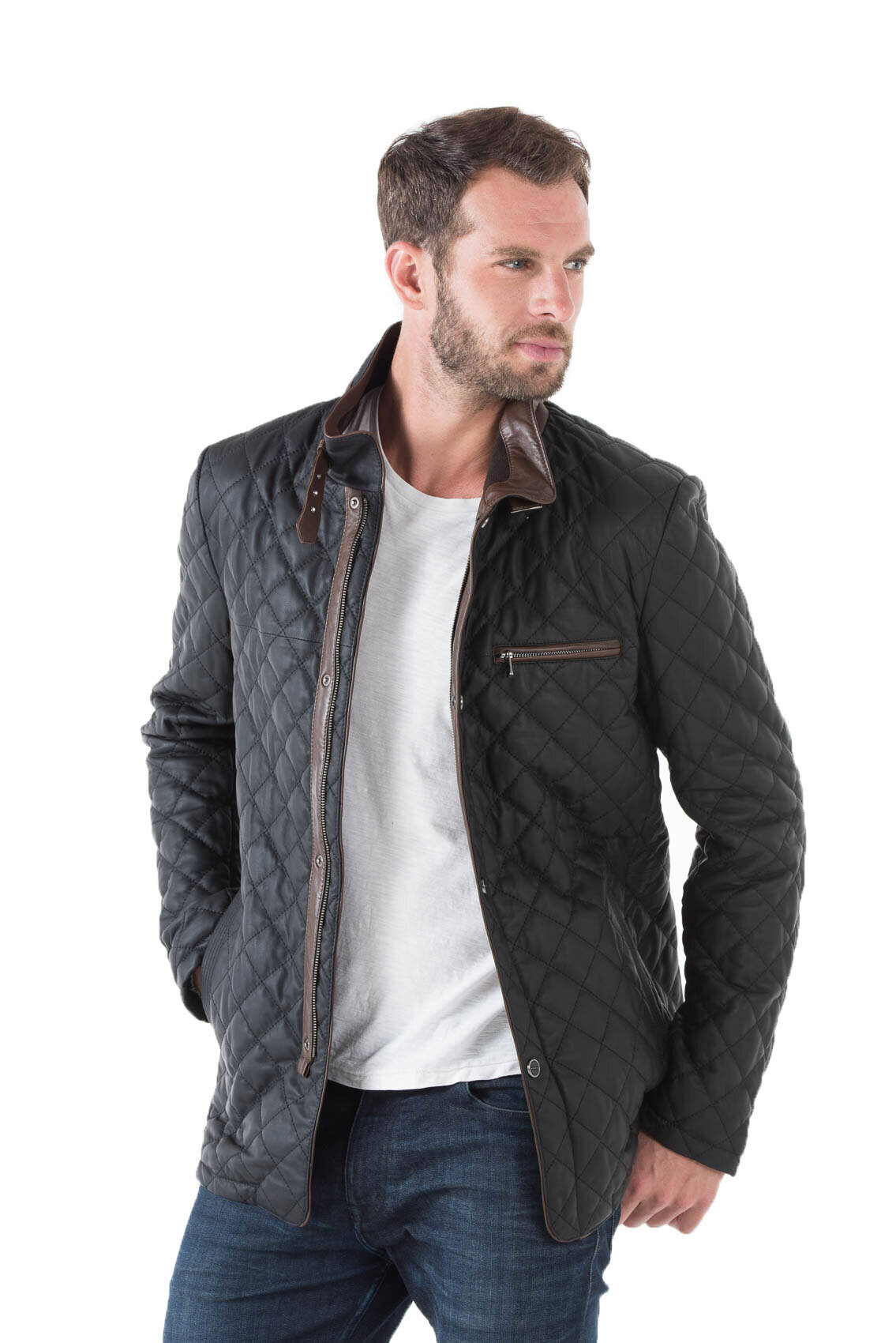 Veste cuir homme E09 demi longeur moderne travaille surpiqures esprit blazer elegant porté